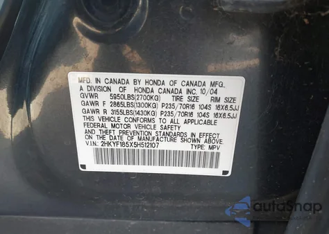 2005 Honda Pilot Ex-L from USA, damaged, VIN 2HKYF185X5H512107